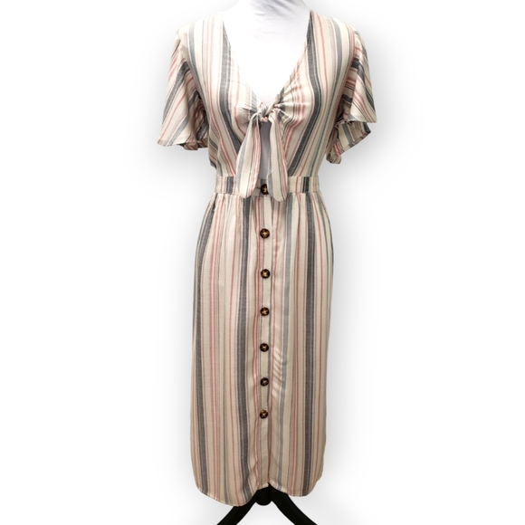 Mimi Chica Tie Front Striped Midi Dress Button-Down - Picture 1 of 7